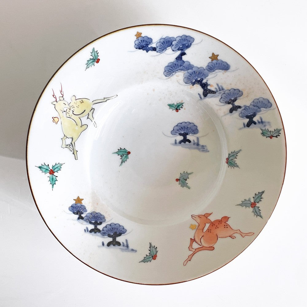 たなかふみえ Tanaka Fumie 染錦 縁付パスタ皿 金彩松鹿 大皿 リム皿21cm 有田焼 現代作家 ■