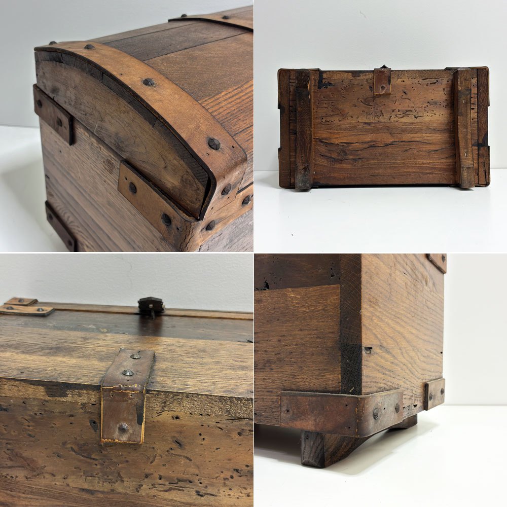 革ベルト付き 木製木箱 トレジャーボックス コンテナ 宝箱 小物入れ ●