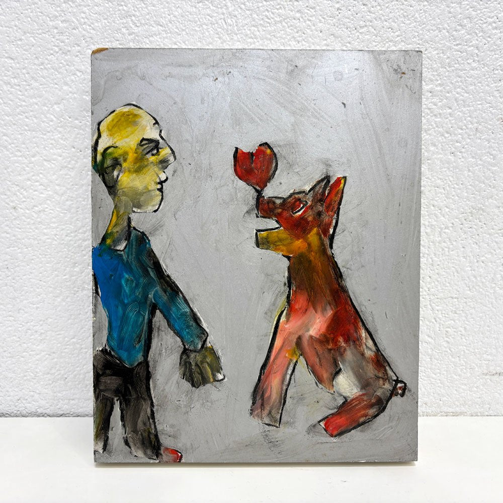 エディ・ドミニク・デュビアン Edi Dominique Dubien 木製パネル 19×24cm パネルアート ウォールアート インテリア 2005年 W19×H24cm 人物 犬 モダンアート 現代美術 フランス ●