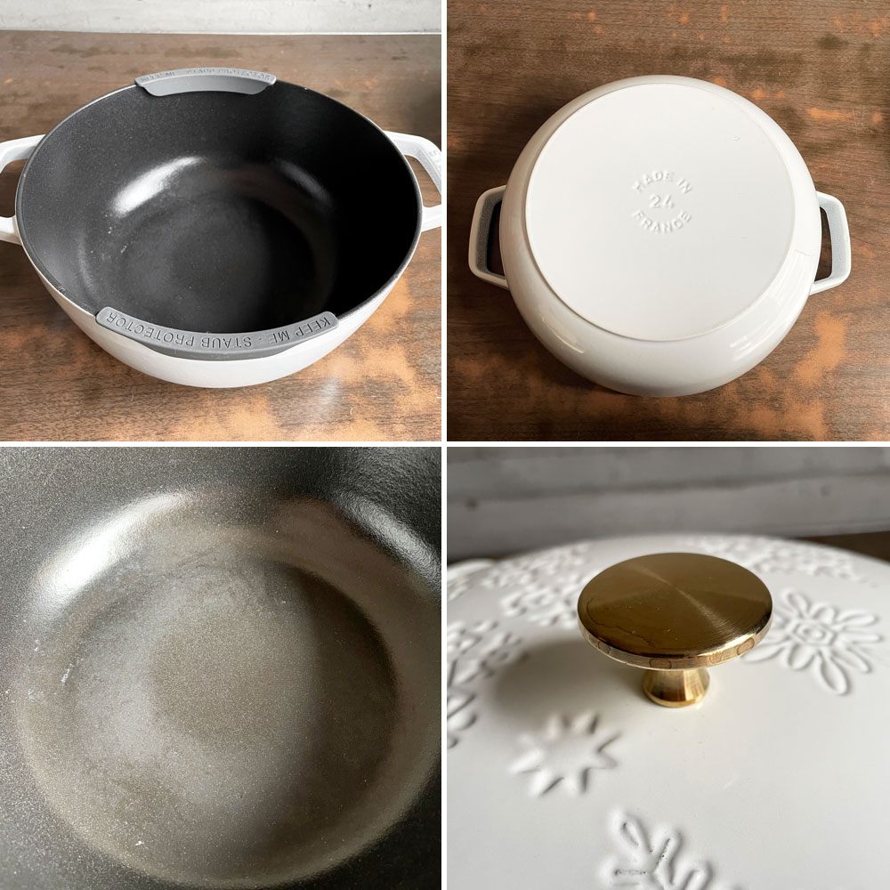 ストウブ STAUB スノークリスタル ココット 両手鍋 ホワイト 24cm 鋳物 キャセロール ガス オーブン IH対応 フランス プロテクター付き♪