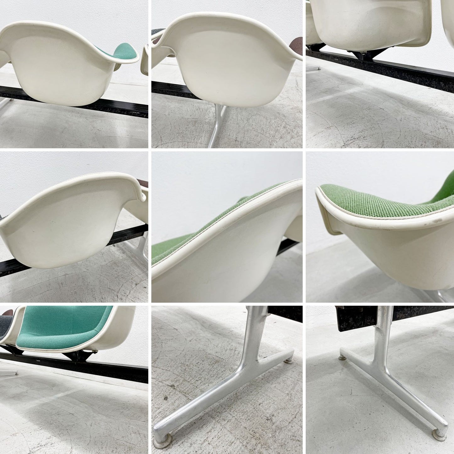 ハーマンミラー Herman Miller ビンテージ エアポートベンチ タンデムシート 4連 アームシェル 2nd ファブリック 新品張替え済 イームズ 希少ブラウン・グレー・グリーン・ライトグリーン A 〓