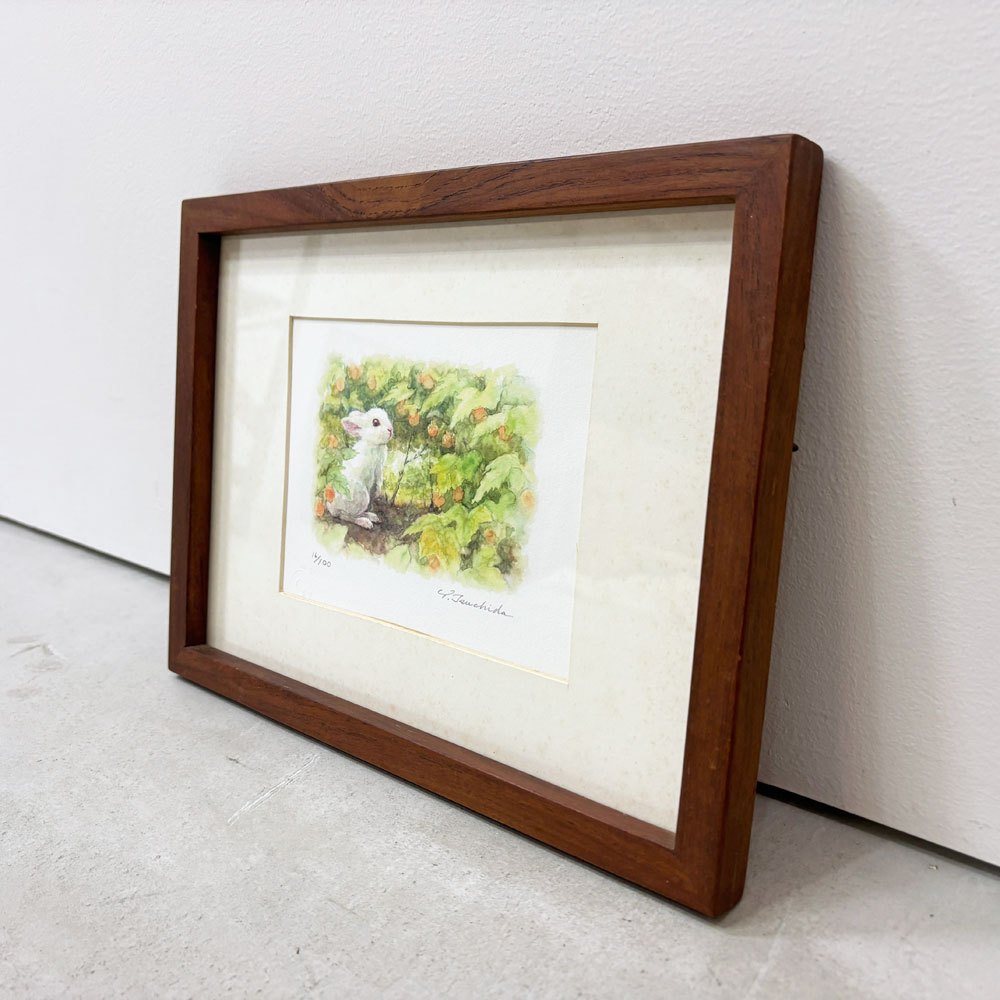 土田穣 ジクレー版画 黄色の実 W32.5cm 16/100 ウサギ 額装品 ●