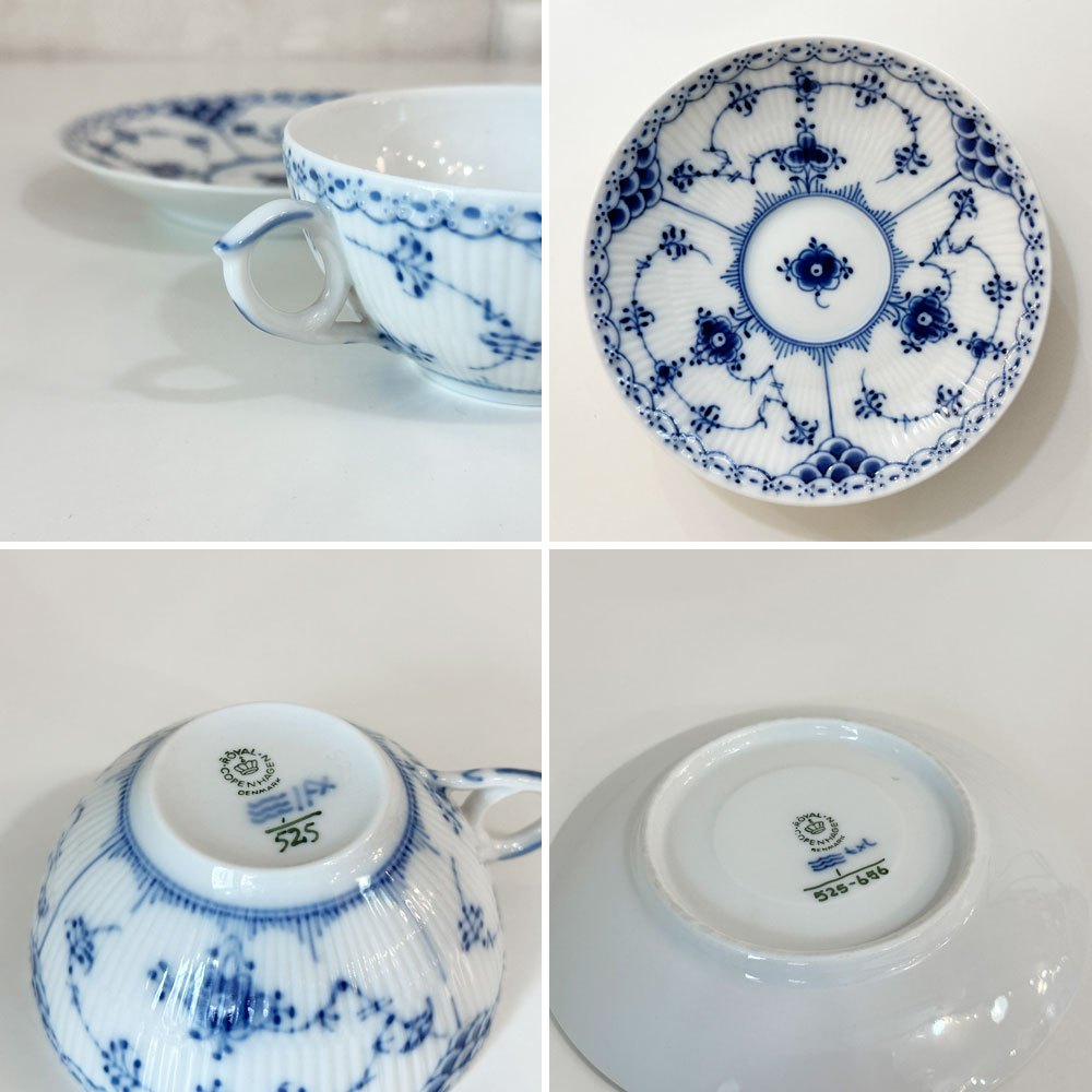 ロイヤルコペンハーゲン ROYAL COPENHAGEN ブルーフルーテッド ハーフレース ティーカップ＆ソーサー 北欧食器 F ◎
