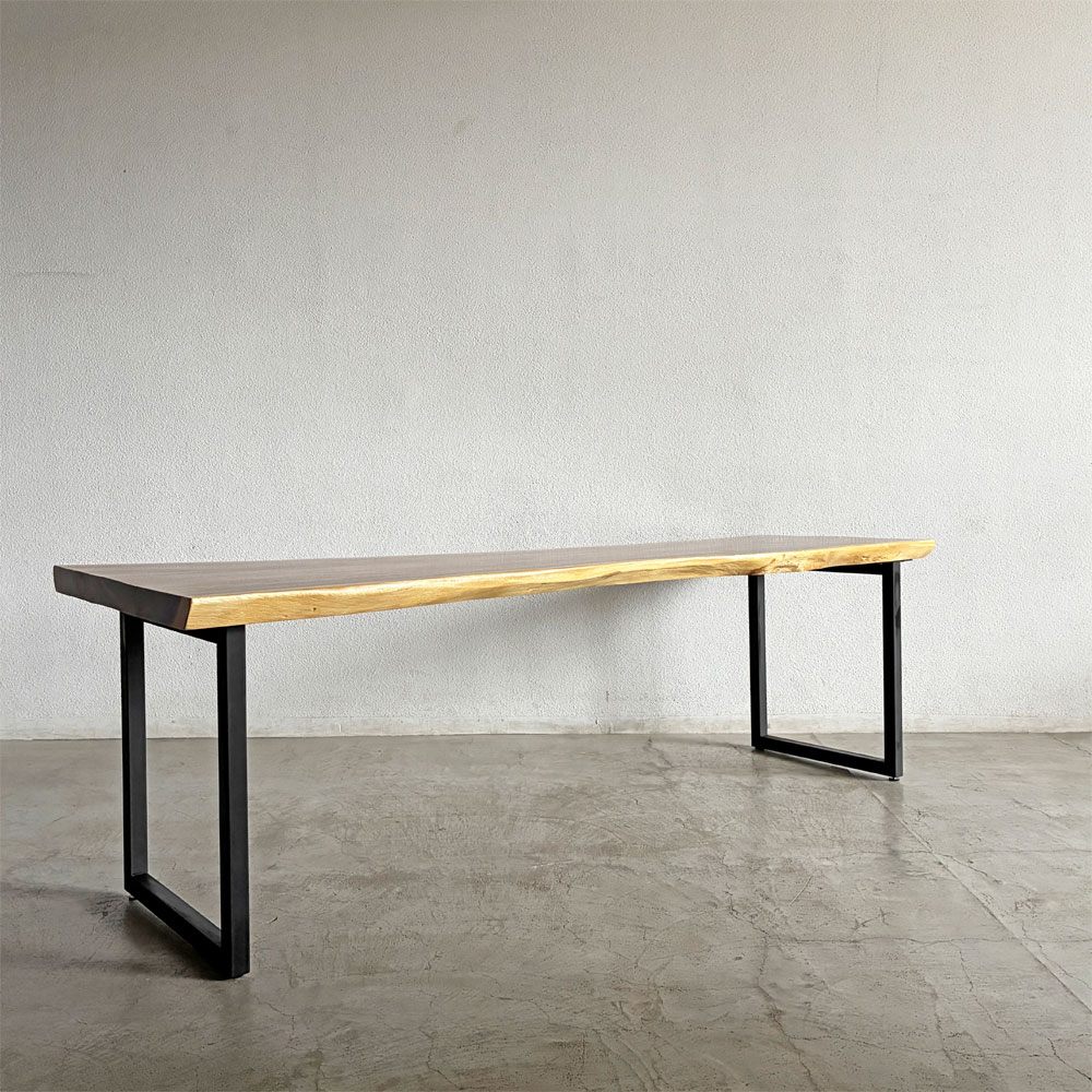 クラフト家具 モンキーポッド 一枚板 ダイニングテーブル デスク 鉄脚 Uレッグ W230.5×D77cm 天然木 耳付 オーダーメイド 〓