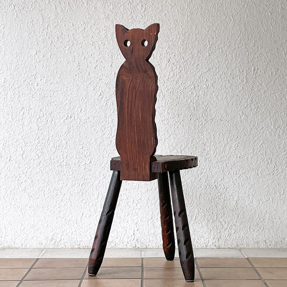 ビンテージ Vintage スパニッシュスツール 猫椅子 キャットチェア フォールディング 折り畳み シェファードチェア Bathing Chair パイン無垢材 木彫 プリミティブ ◇