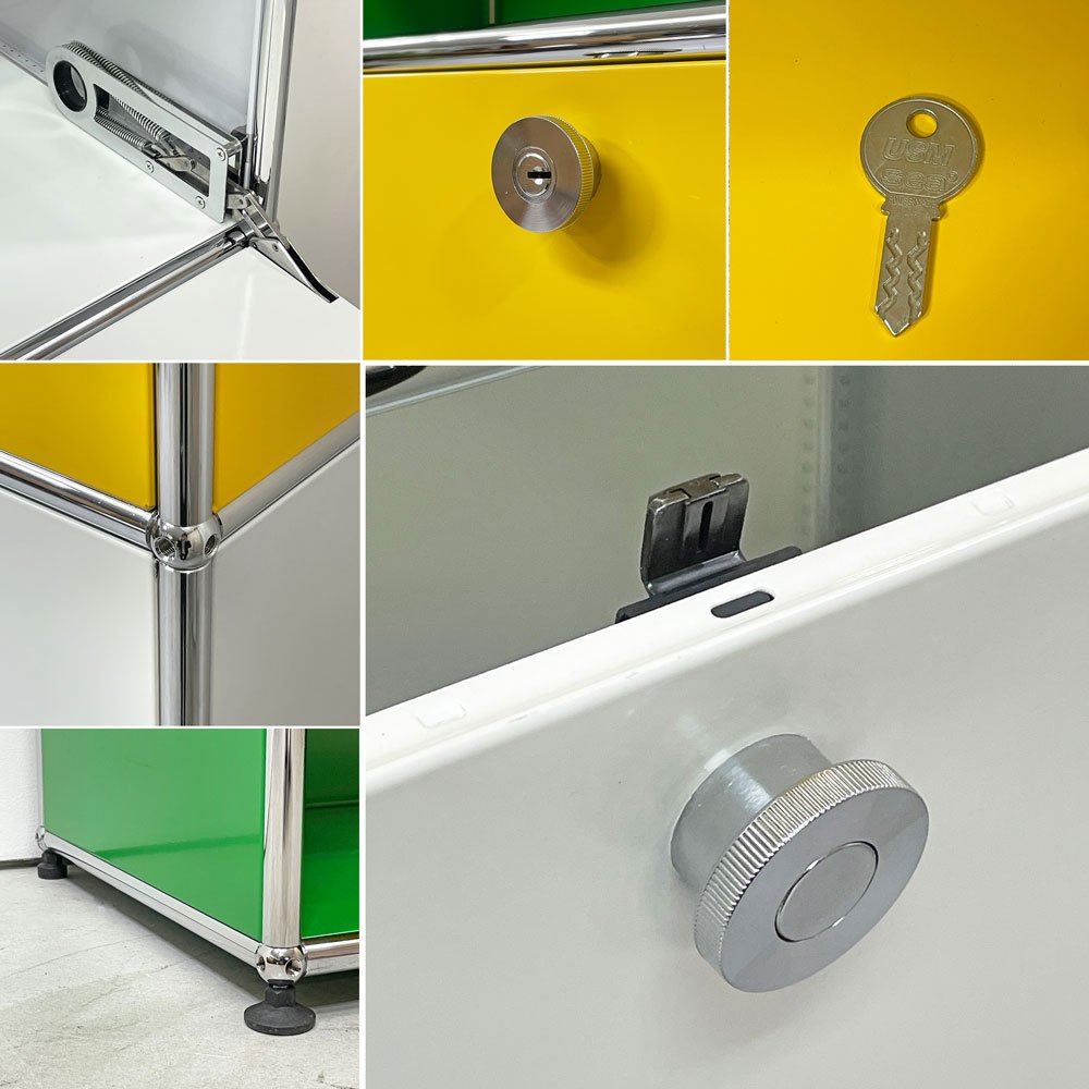 USMハラー USM Haller モジュラーファニチャー キャビネット シェルフ 1列5段 ドロップダウンドア×2 USMグリーン ゴールデンイエロー ピュアホワイト スイス 鍵付き ●