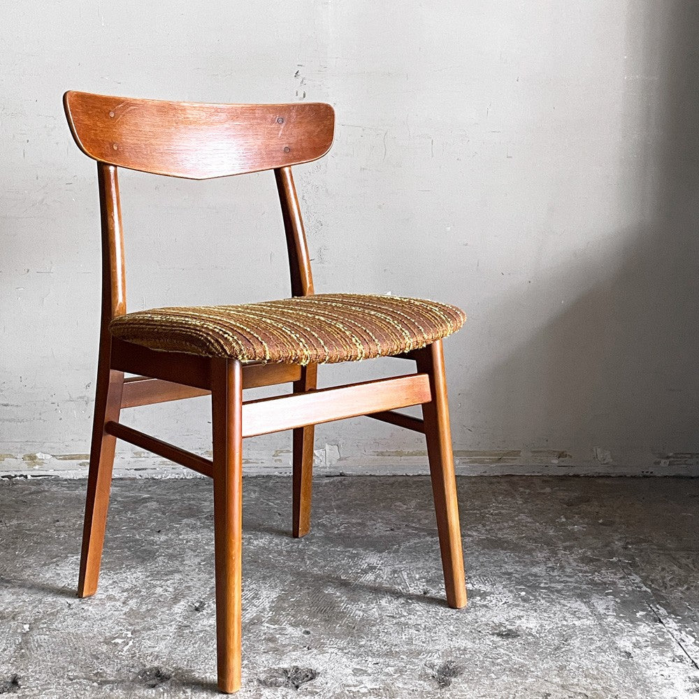 北欧ビンテージ Scandinavian vintage ダイニングチェア チーク材 x ビーチ材 ブラウン系 ストライプ柄 ファブリック 北欧家具 ■
