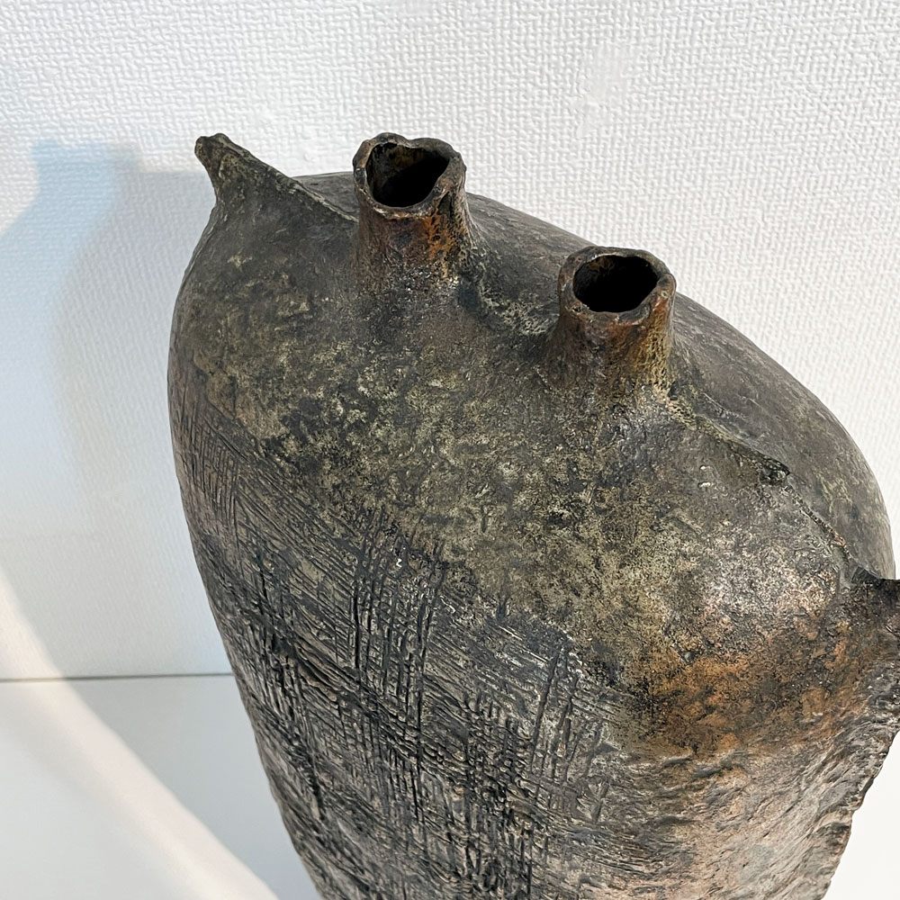 西村忠 彫金 ブロンズ 花瓶 フラワーベース H56cm オブジェ 彫刻 金属造形 抽象表現 大型 インテリア プリミティブ ◎