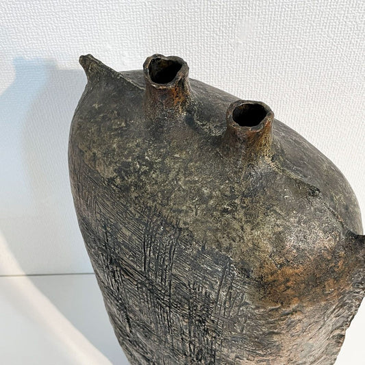 西村忠 彫金 ブロンズ 花瓶 フラワーベース H56cm オブジェ 彫刻 金属造形 抽象表現 大型 インテリア プリミティブ ◎
