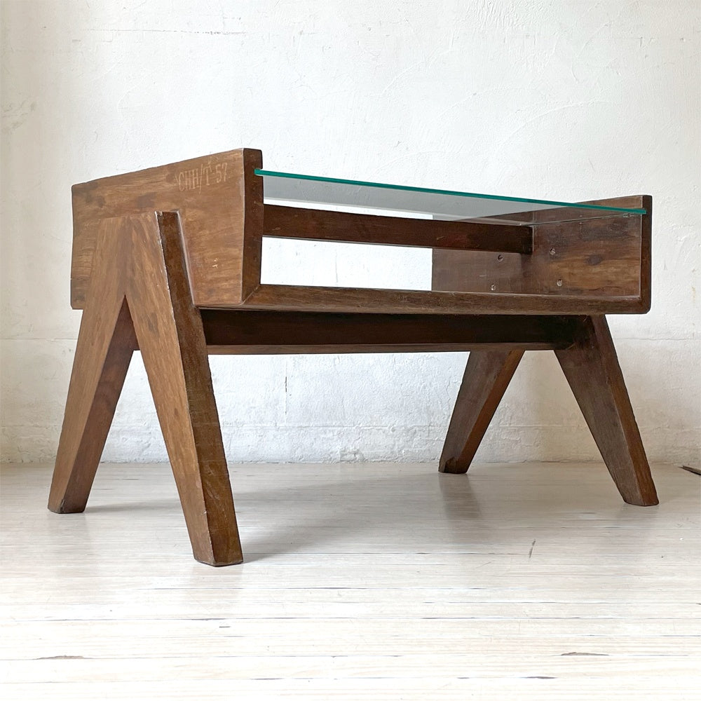 ピエールジャンヌレ Pierre Jeanneret ガラスコーヒーテーブル スモール Glass Coffee Table Small チーク無垢材 レター有り 1960‘s ビンテージ ★