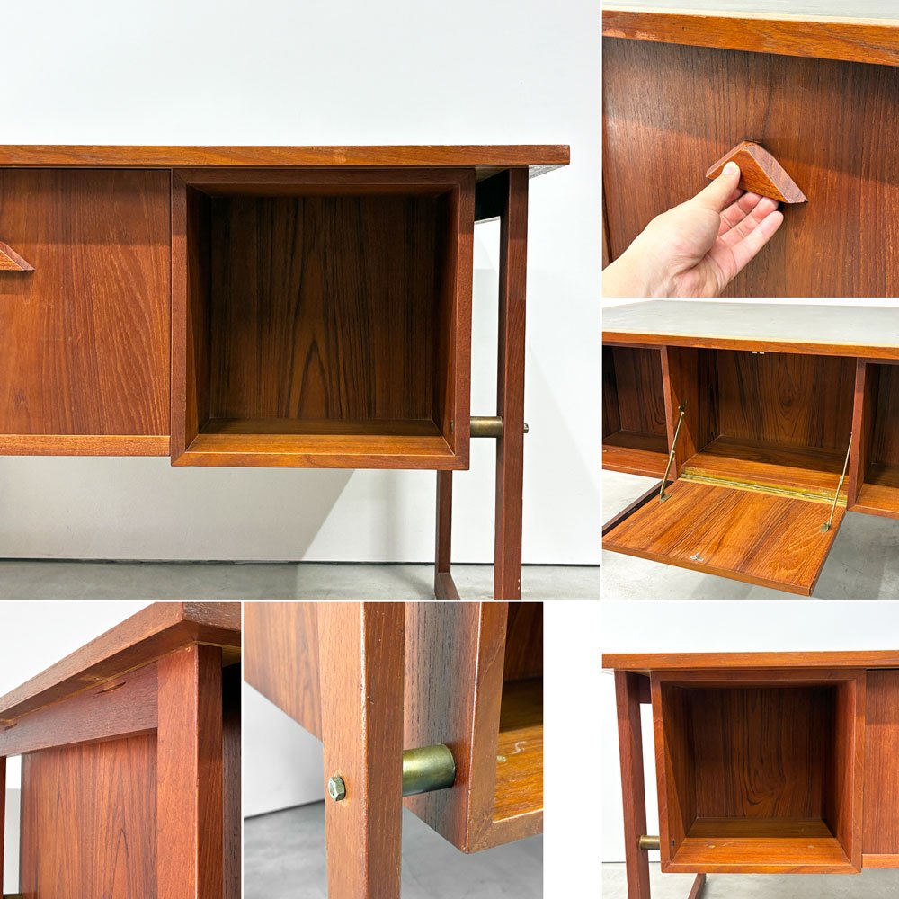 北欧ビンテージ Scandinavian Vintage チーク材 デスク リノリウム天板 両袖 6ドロワー 背面収納 W131cm ◎
