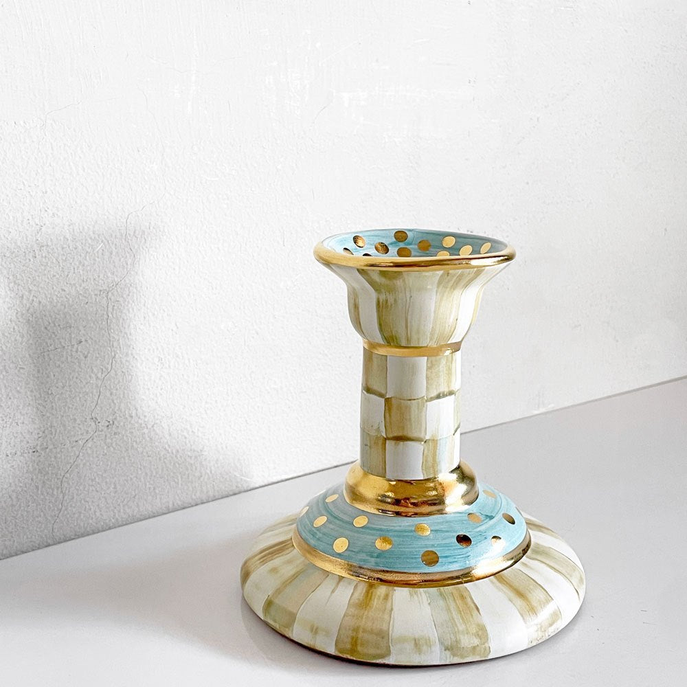 マッケンジーチャイルド Mackenzie-Child コートリーチェック柄 キャンドルスティック Candlestick 金彩 陶器 アメリカ A ■