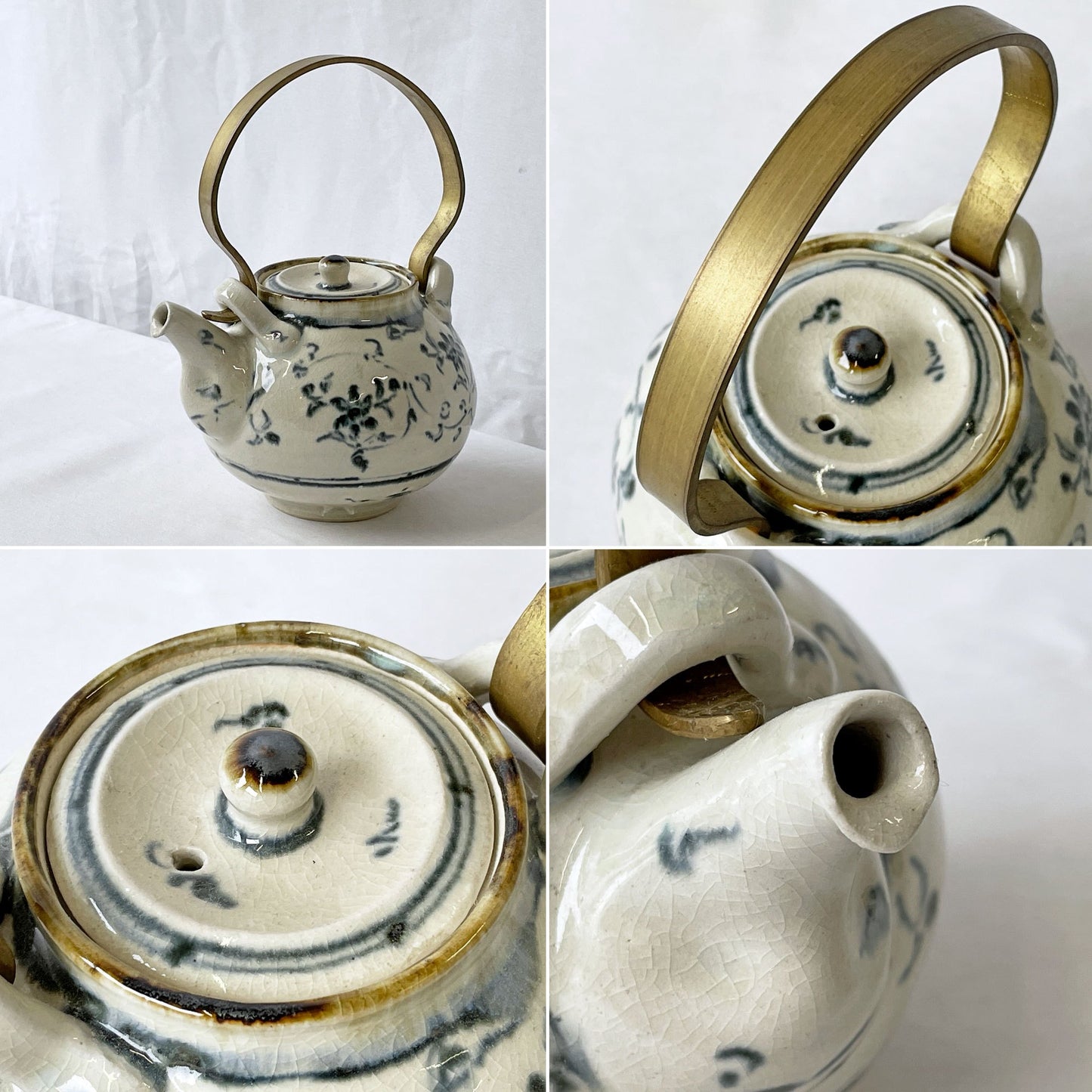 藤田佳三 染付急須 ポット 把手付き 陶器 真鍮 植物 花 現代作家 ◇