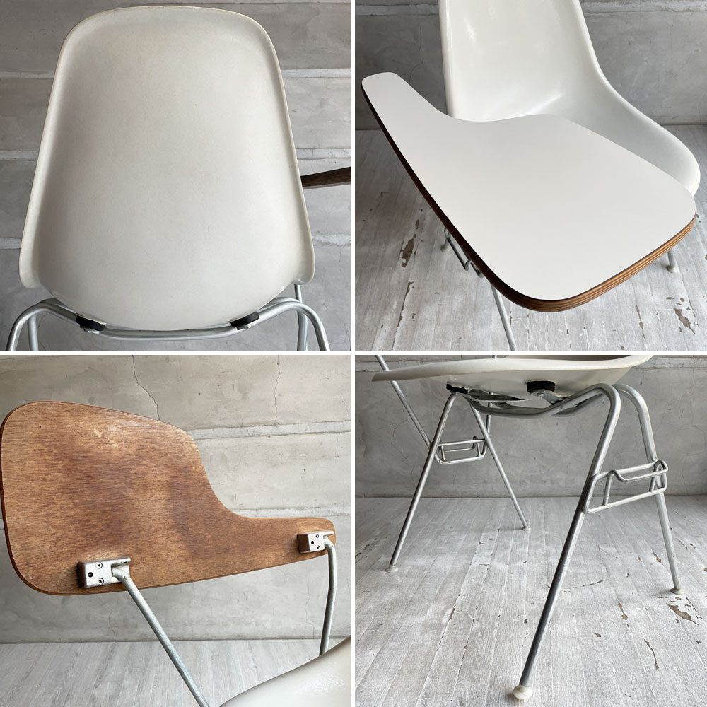ハーマンミラー Herman Miller サイドシェルチェア セカンド 2nd ビンテージ FRP製 パーチメント スタッキングベース 肘掛けテーブル付 イームズ ミッドセンチュリー ♪
