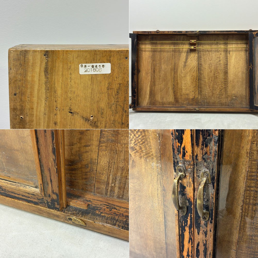 古材 ウォールディスプレイキャビネット 横型 開き戸 ネクタイ・アクセサリーハンガー付き コレクションケース 壁掛け収納 店舗什器 ●