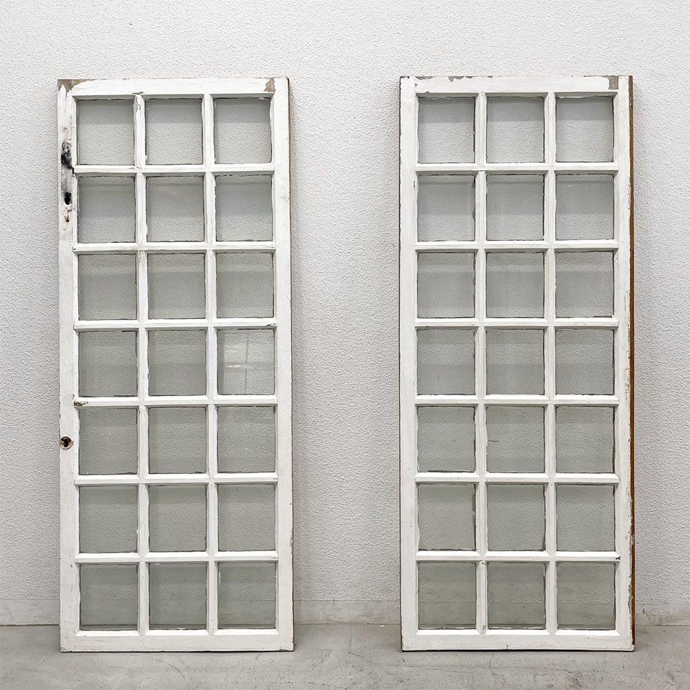 フランスアンティーク 格子窓枠 木枠×ガラス 2枚組 建材 建具 ビンテージ 〓