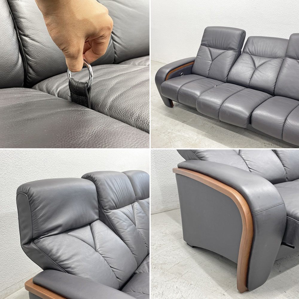 冨士ファニチア FUJI FURNITURE 3pソファ＋オットマン2台付き 本革張り リクライニング機能付き〓