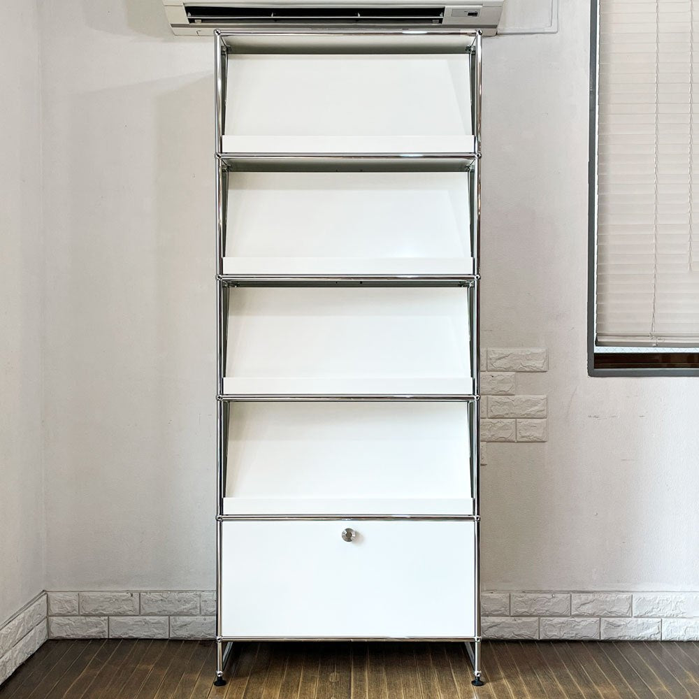 ユーエスエムハラー USMハラー USM Haller モジュラーファニチャー キャビネット シェルフ 1列5段 マガジンラック×4 ドロップダウンドア×1 脚付 ピュアホワイト 廃番仕様 ◎