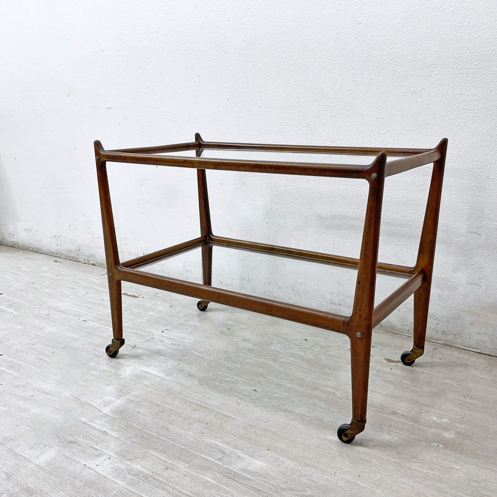 USビンテージ Vintage 木製 ガラス ワゴン 2段 キャスター キッチンワゴン サイドテーブル ディスプレイラック ミッドセンチュリー ●
