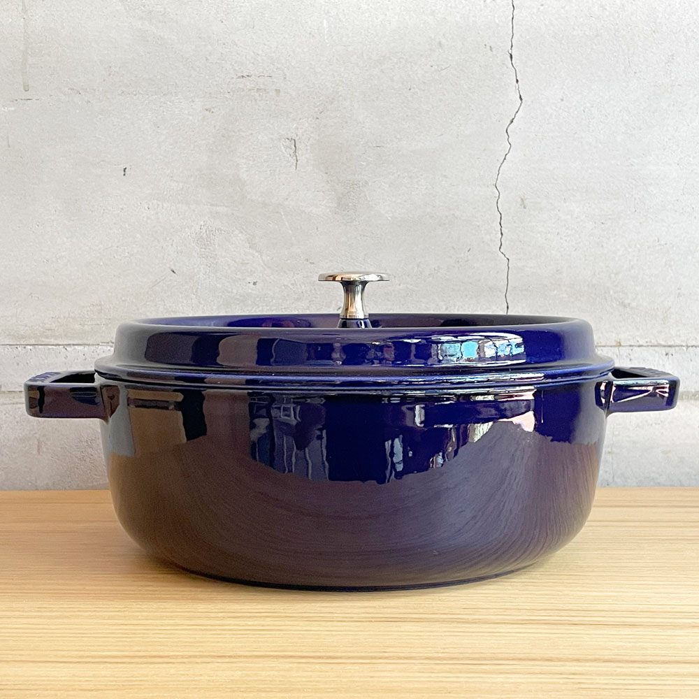 ストウブ staub ココットラウンド シャロー ホーロー 両手鍋 IH対応 26cm グランドブルー 26cm 箱付き ♪