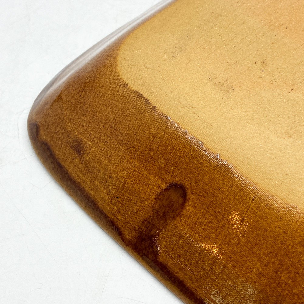 湯町窯 布志名焼 角皿  スリップウェア 浪紋濃茶 黄釉 W19.5cm 和食器 ●