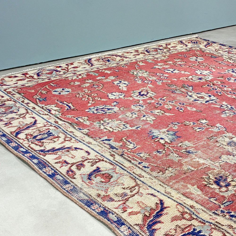 ビンテージ vintage トルコ製 手織り キリムラグ ランナー カーペット 絨毯 260x164cm レッド系 ボヘミアン柄 ◎