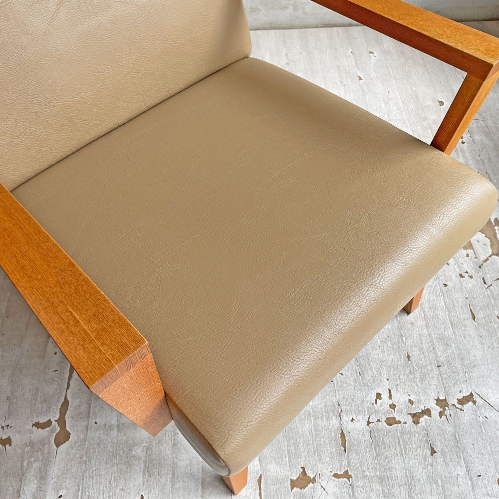 トラックファニチャー TRUCK FURNITURE ロビー LOBBY 1Pソファ 1人掛け ラウンジソファ タモ無垢材 ベージュ系 レザー 合皮 廃番希少 ♪