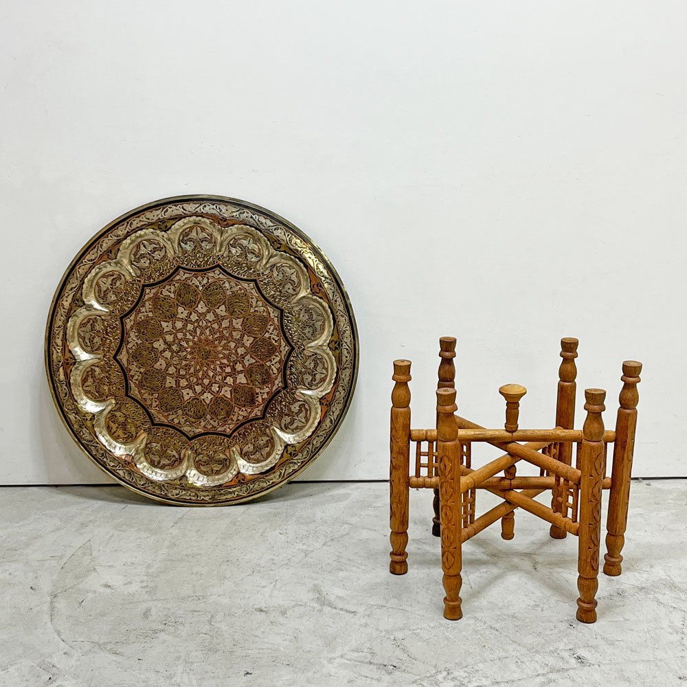モロッコ家具 Moroccan Furniture フォールディング メタルトレイテーブル ティーテーブル センターテーブル Φ64cm 木製脚 折りたたみ式 ●