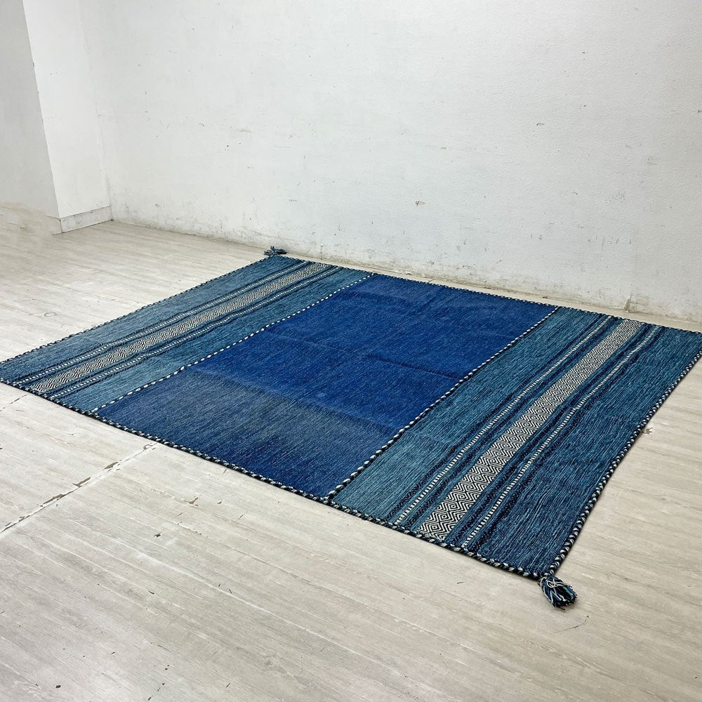 サヤンサヤン SAYANSAYAN インドキリム ラグマット インド綿 幾何学模様 手織り コットン 250×195cm ブルーベース ●