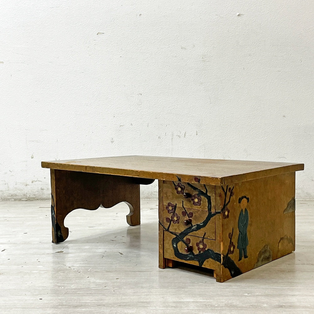 ジャパンビンテージ Japan Vintage 文机 座卓 ローテーブル 木製 抽斗3杯 木味 古家具 ●