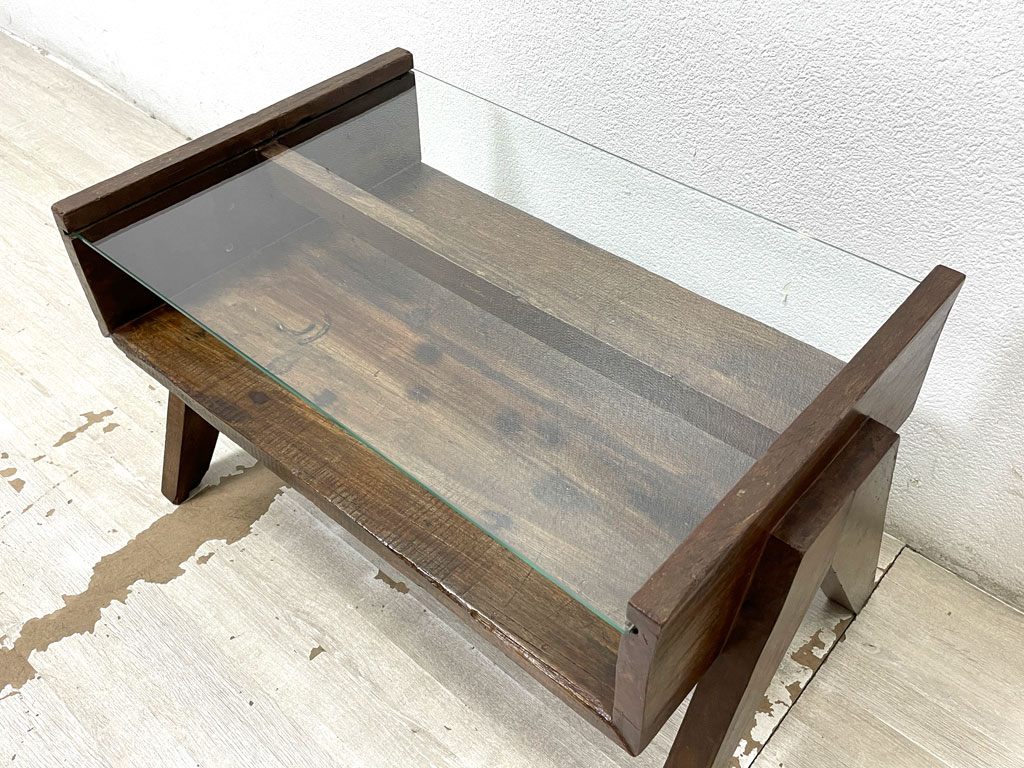 ピエールジャンヌレ Pierre Jeanneret コーヒーテーブル Coffee Table スモール チーク無垢材 ガラス チャンディーガル レター有 60‘s CHH/T57 希少サイズ ●