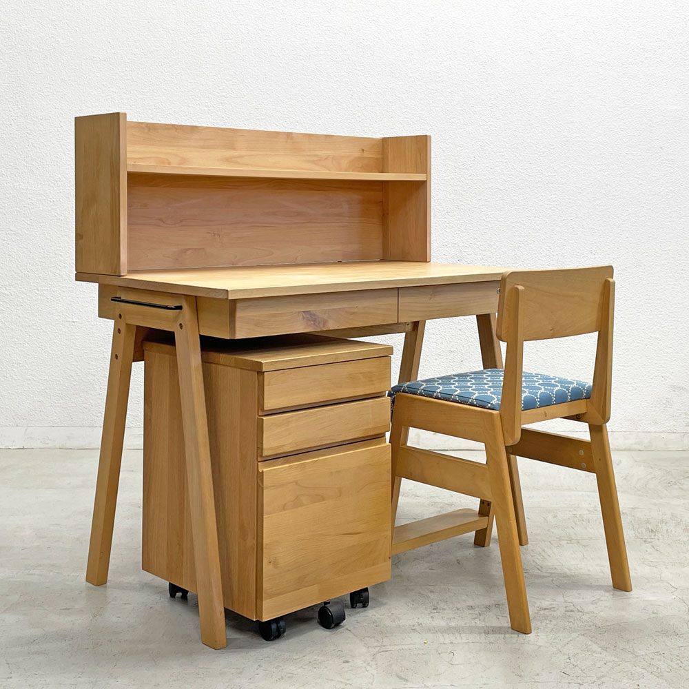 杉工場 こどもビームス デスク＋シェルフ＋チェスト＋チェア 学習机 学習椅子 アルダー材 W102cm ミナペルホネン生地 ランドスケープ監修 〓