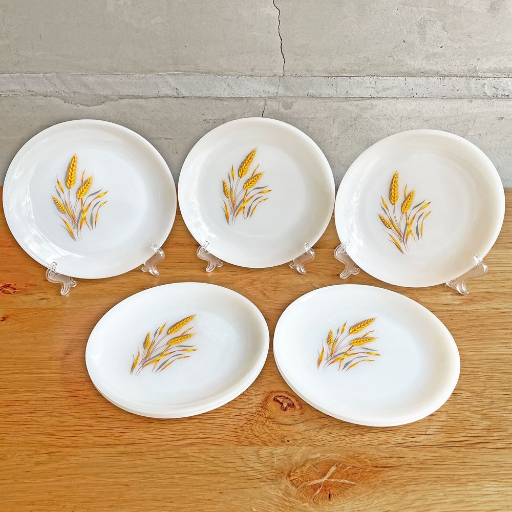 ファイヤーキング FIRE KING 9cm ウィート WHEAT プレート 7枚セット 乳白色 1950~1960年代 アメリカ ガラス食器 ♪