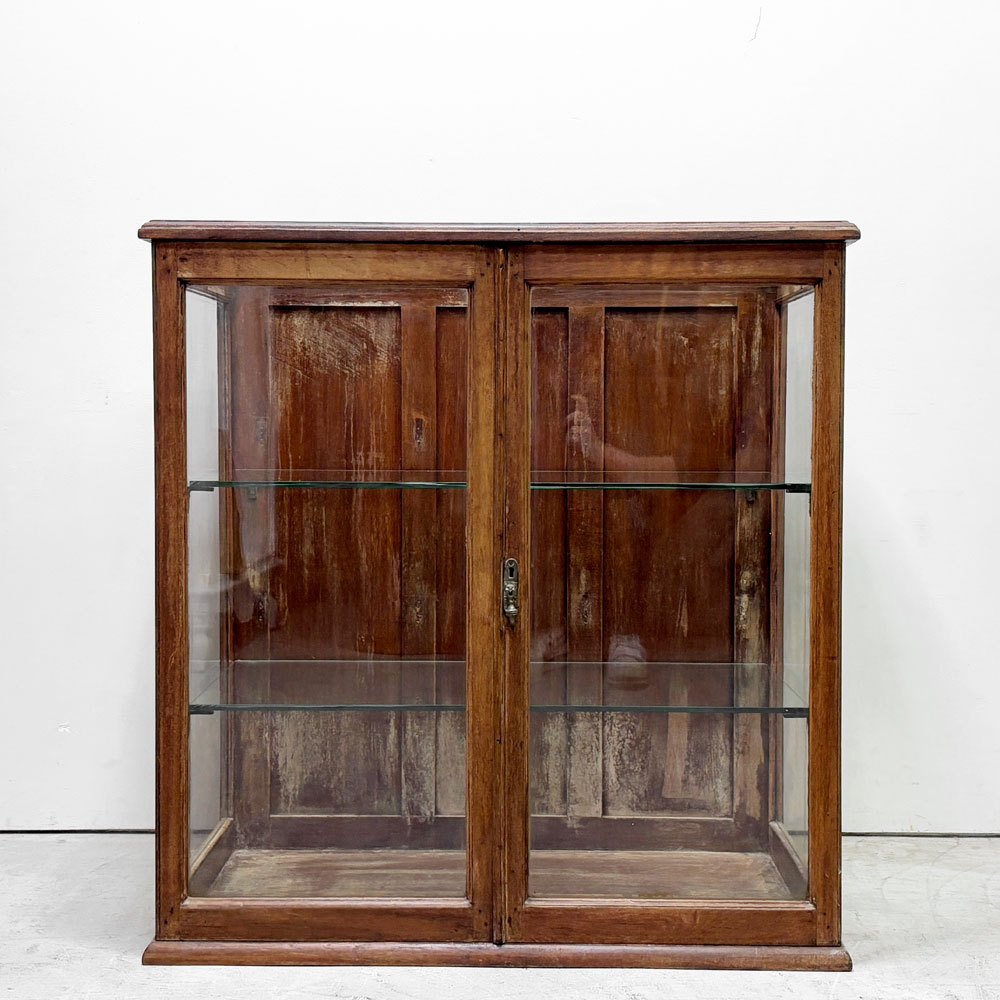 ビンテージ Vintage ガラスショーケース Display Case 木製 ガラス棚板 飾り棚 陳列棚 3段 鍵欠品 ●