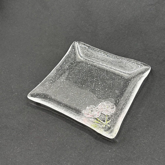 岡田多恵 ガラス 角皿 スクエアプレート パートドヴェール 花 14cm 現代作家 C ●