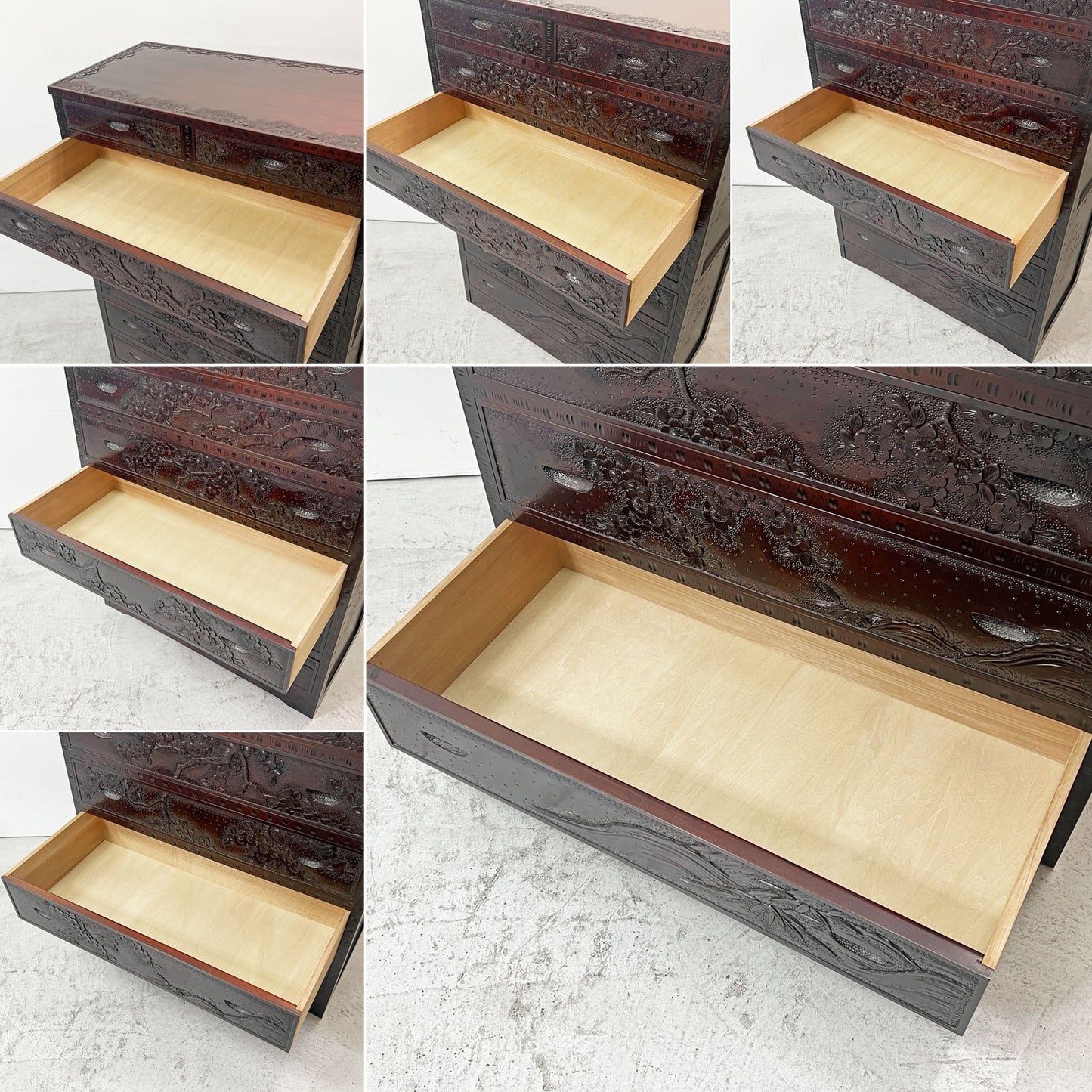 軽井沢彫 箪笥 チェスト 7段 抽斗8杯 桜彫刻 星打ち 細密彫刻 伝統工芸品 民藝家具 ●