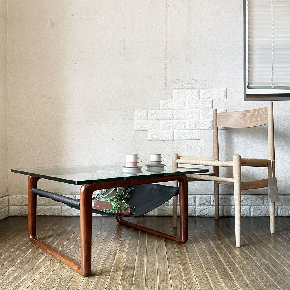 ケンオクヤマデザイン KEN OKUYAMA DESIGN ハンモック リビングテーブル ローテーブル ガラス×ウォールナット×ブラックレザー W80cm 奥山清行 定価￥99,800- 廃番 ◎