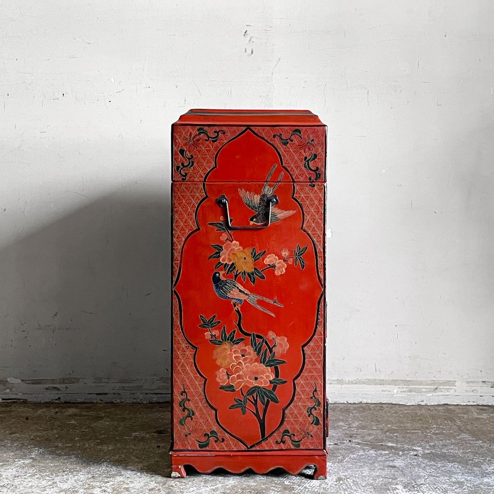 中国家具 箪笥 抽斗 収納箪笥 小引き出し ミニキャビネット ハンドペイント 朱漆 花鳥図 Ｈ60cm 錠前欠品 現状品 ■