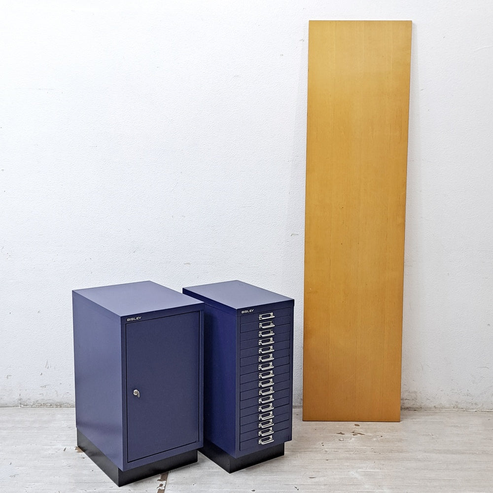 ビスレー BISLEY ベーシック BASIC 29/16B A4キャビネット＋BA3/29 キャビネット ロッカー＋木天板 デスク仕様 3点セット ブルー × ナチュラル 希少廃番 英国 ●