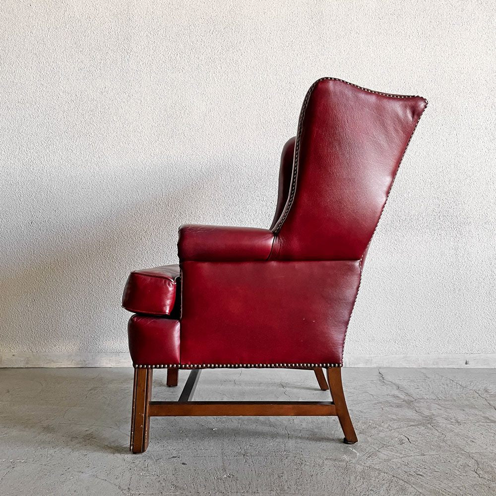 ポッタリーバーン Pottery Barn ウイングバックソファ 1人掛け ラウンジチェア 本革 ワインレッド USビンテージ 〓