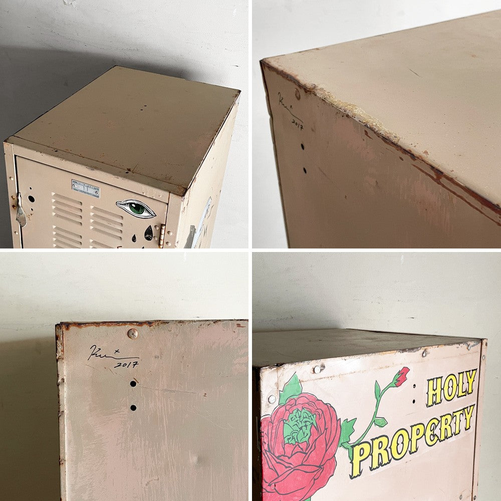 ビンテージ Vintage 5段 スチールロッカー キャビネット USデザインステッカー インダストリアル 店舗什器 ■