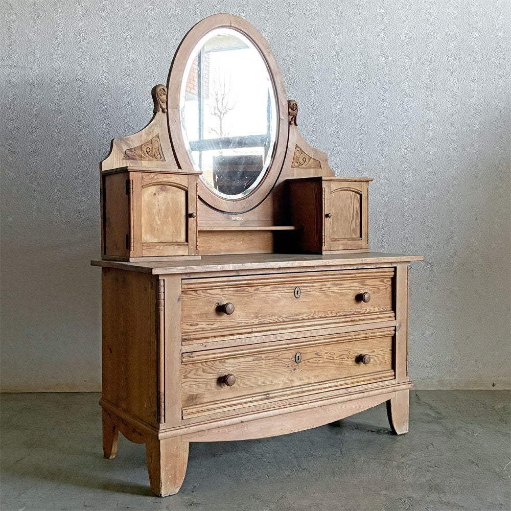デンマークビンテージ Danish Vintage ドレッシングチェスト ドレッサー 鏡台 パイン材 扉収納 2ドロワー W119cm カントリースタイル 北欧家具 鍵欠品 〓