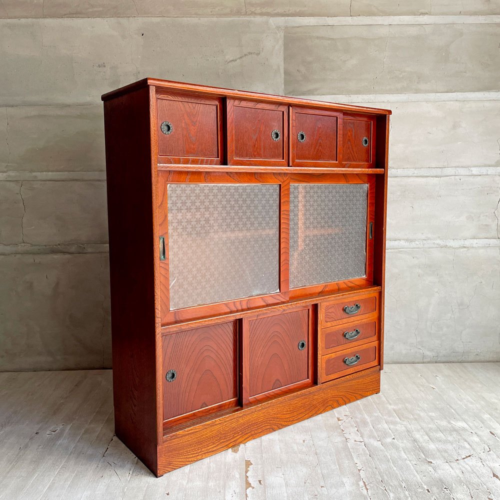 ジャパンビンテージ Japan Vintage 茶箪笥 食器棚 ガラス戸 抽斗 欅材 レトロ 古家具 和家具 ♪