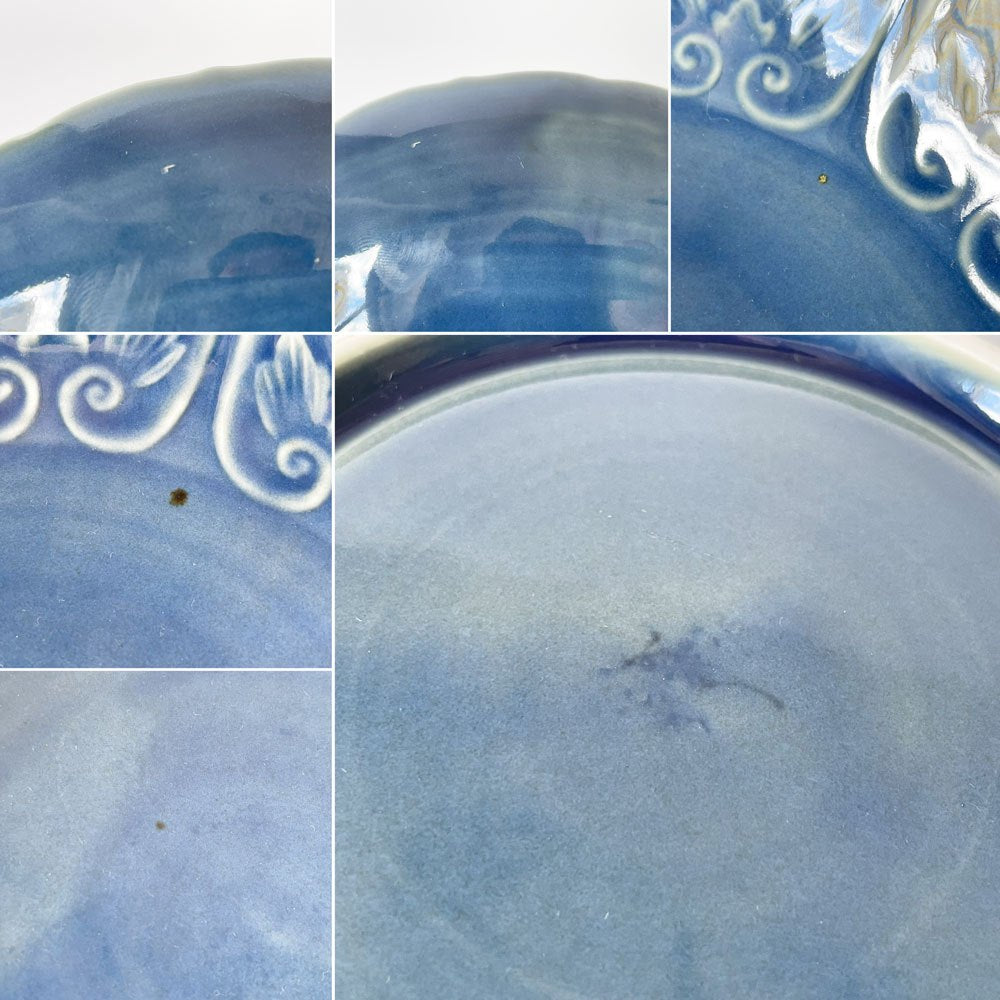 宮岡麻衣子 瑠璃釉 輪花陽刻 牡丹文七寸鉢 深皿 和皿 盛付皿 現代作家 陶芸 ★