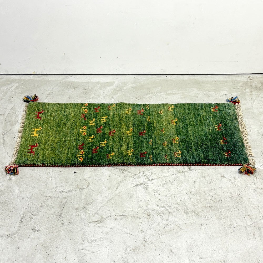イラン 手織り ギャッベ gabbeh 絨毯 ラグ カーペット 117×60cm グリーン ●