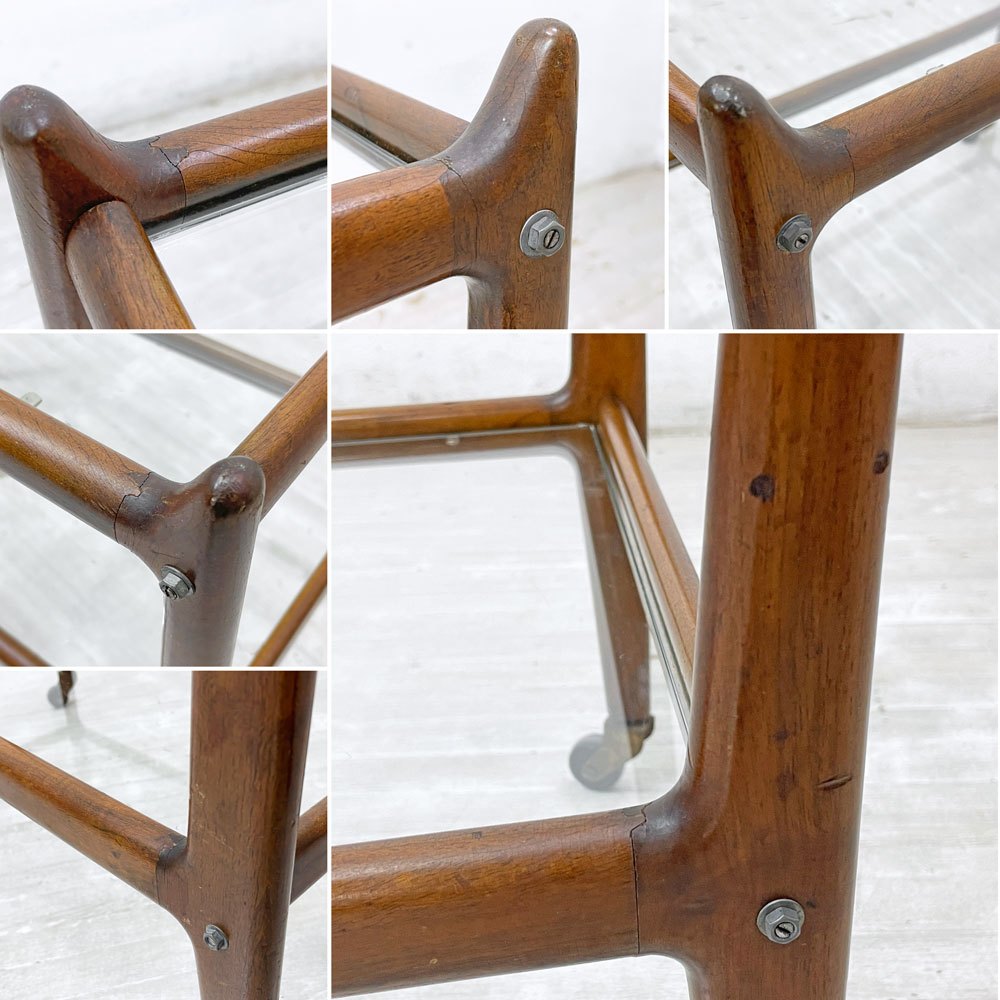 USビンテージ Vintage 木製 ガラス ワゴン 2段 キャスター キッチンワゴン サイドテーブル ディスプレイラック ミッドセンチュリー ●