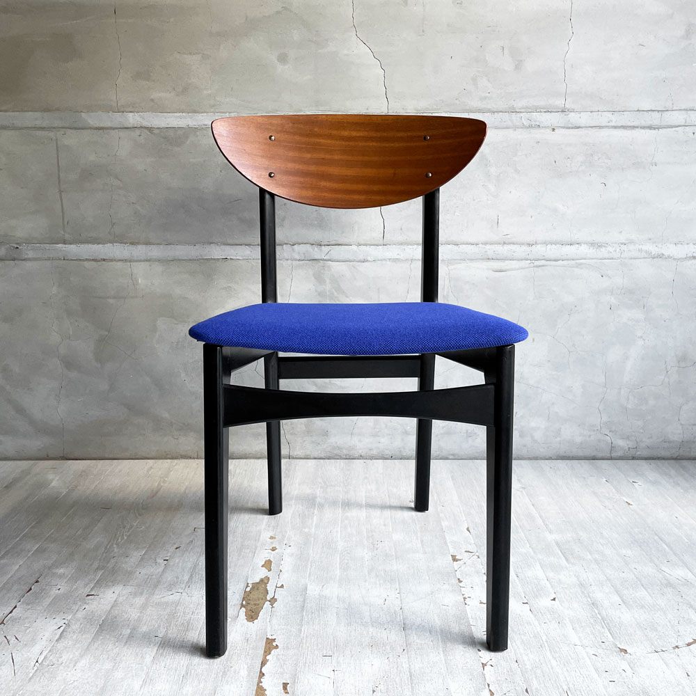 ネイサンファニチャー NATHAN Furniture  ダイニングチェア チークプライウッド ブラックフレーム ファブリック ブルー系カラー 英国 UKビンテージ 張り替え済み A ♪