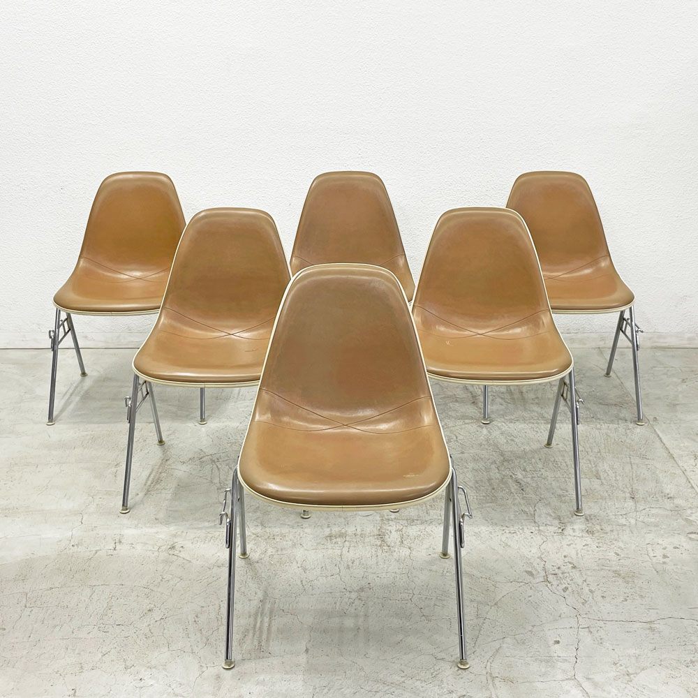ハーマンミラー Herman Miller ビンテージ サイドシェルチェア 台車付6脚セット サード 3rd FRP PVCレザー スタッキングベース イームズ 〓