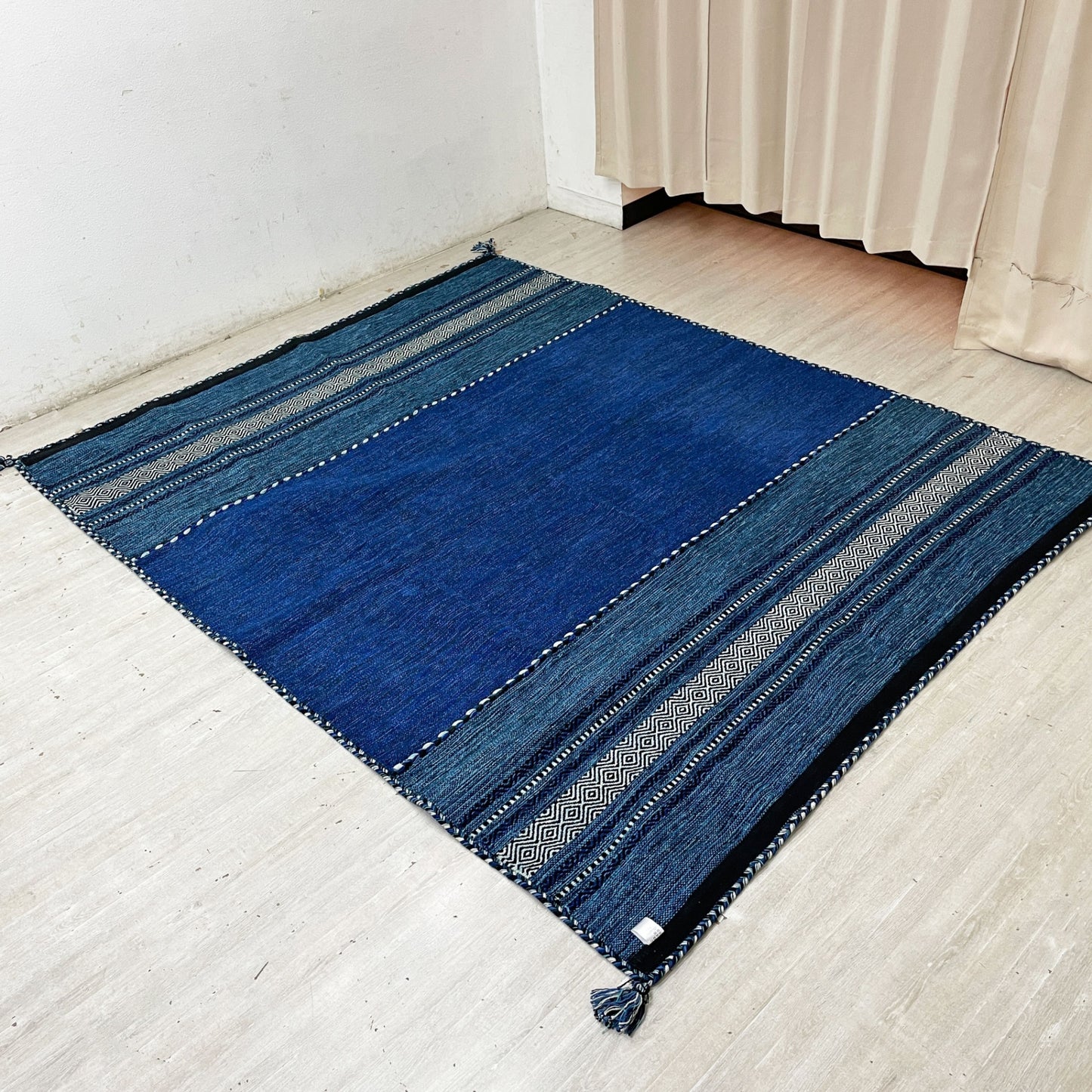 サヤンサヤン SAYANSAYAN インドキリム ラグマット インド綿 幾何学模様 手織り コットン 250×195cm ブルーベース ●