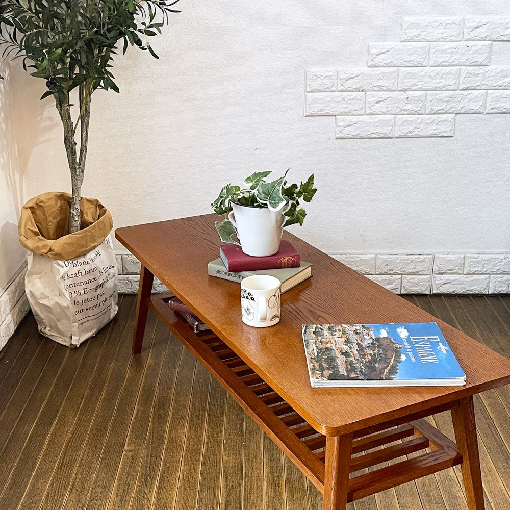 パシフィックファニチャーサービス P.F.S. ローテーブル DH TEA TABLE WITH SHELF Lサイズ W120cm ナラ材 ダークブラウン マガジンラック付 ◎
